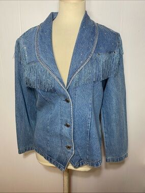 Lori ZoniClassic Blue Denim Fringe Jean Jacket with Stud Detailing